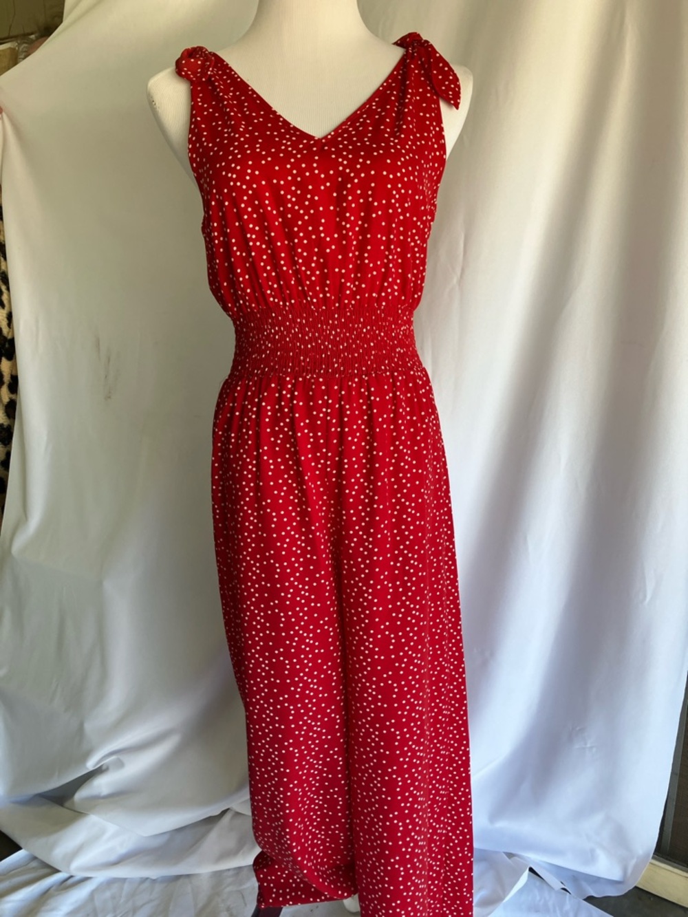 She + Sky Red Polka Dot Smocked-Waist Jumpsuit